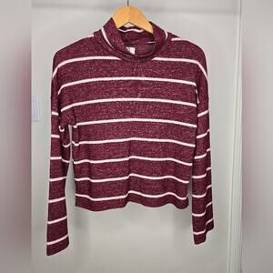 So Heritage  Womens Striped Maroon & White Crop Mock Turtleneck Longsleeve XS